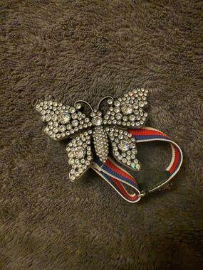 Gucci Crystal Butterfly Hair Tie - Clear Crystals with Red & Blue Stripe Band
